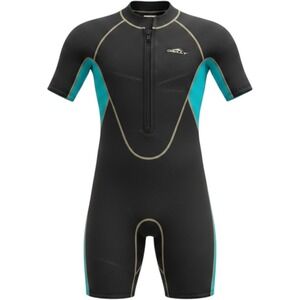 Sbart Womens Shorty Wetsuit Black Teal Front Zip Neoprene Surf Suit Size‎ Large